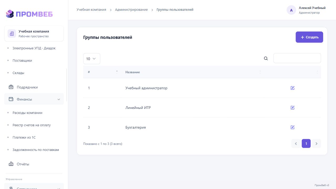 Группы и привилегии пользователей — экран учебной CRM