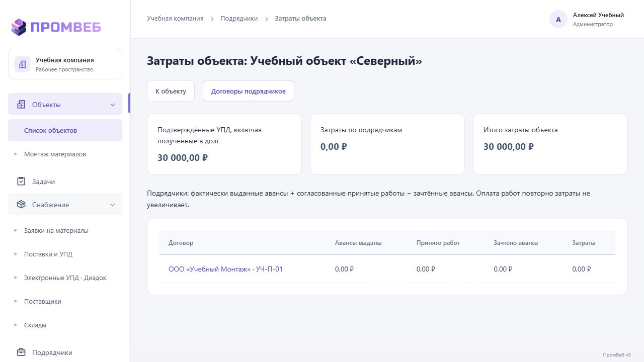 Материальные и подрядные затраты объекта — экран учебной CRM
