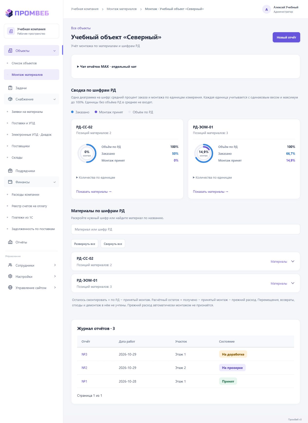 Отчёт о монтаже через MAX — экран учебной CRM